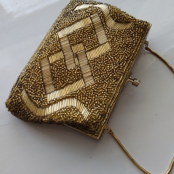 Gold Beaded Art Deco pattern Bag Evening Purse Clutch Vintage Antique Fashion - Picture 2 of 5